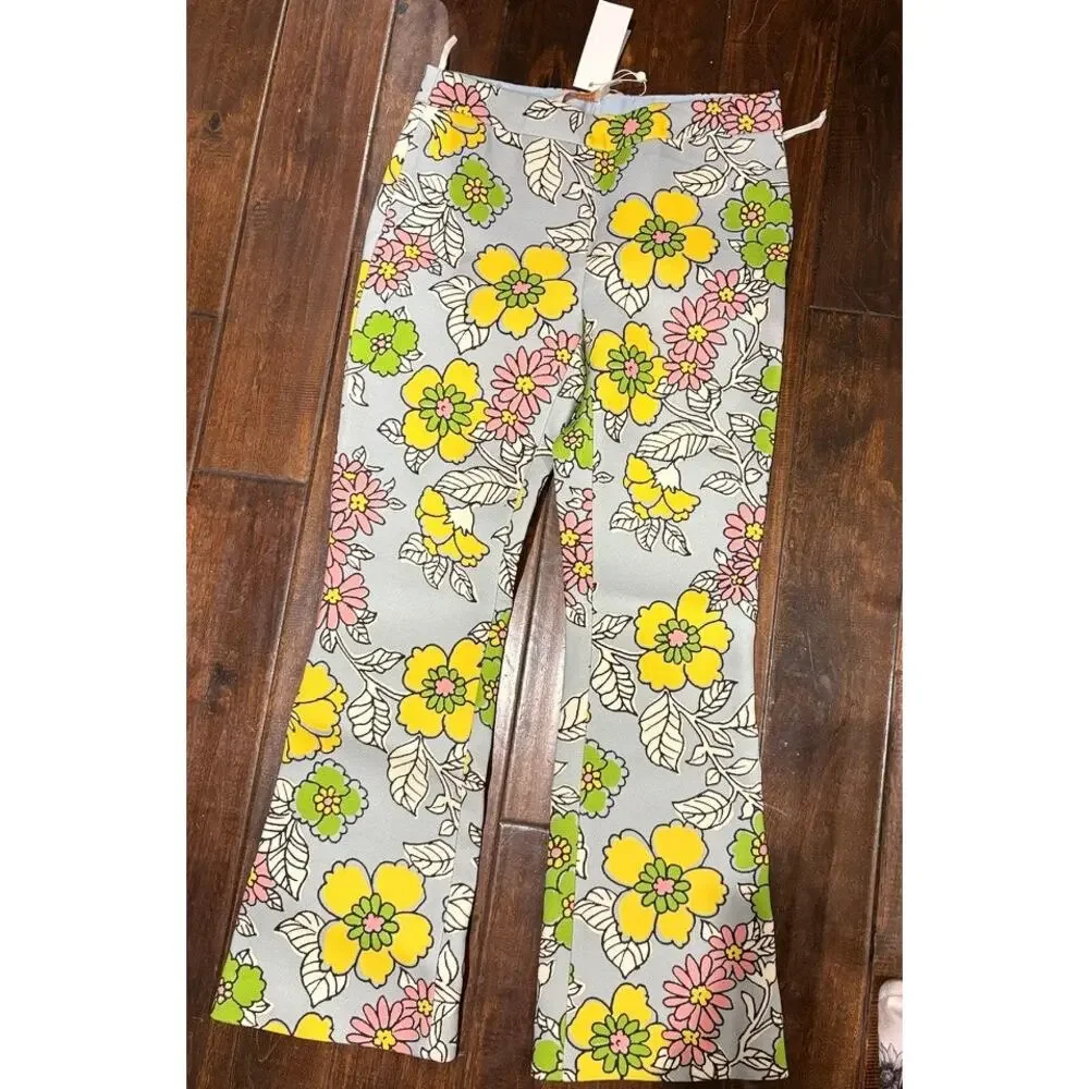 TORY BURCH Printed Twill Crepe Flared Pants | Blue Floral Wallpaper | NWT | 0